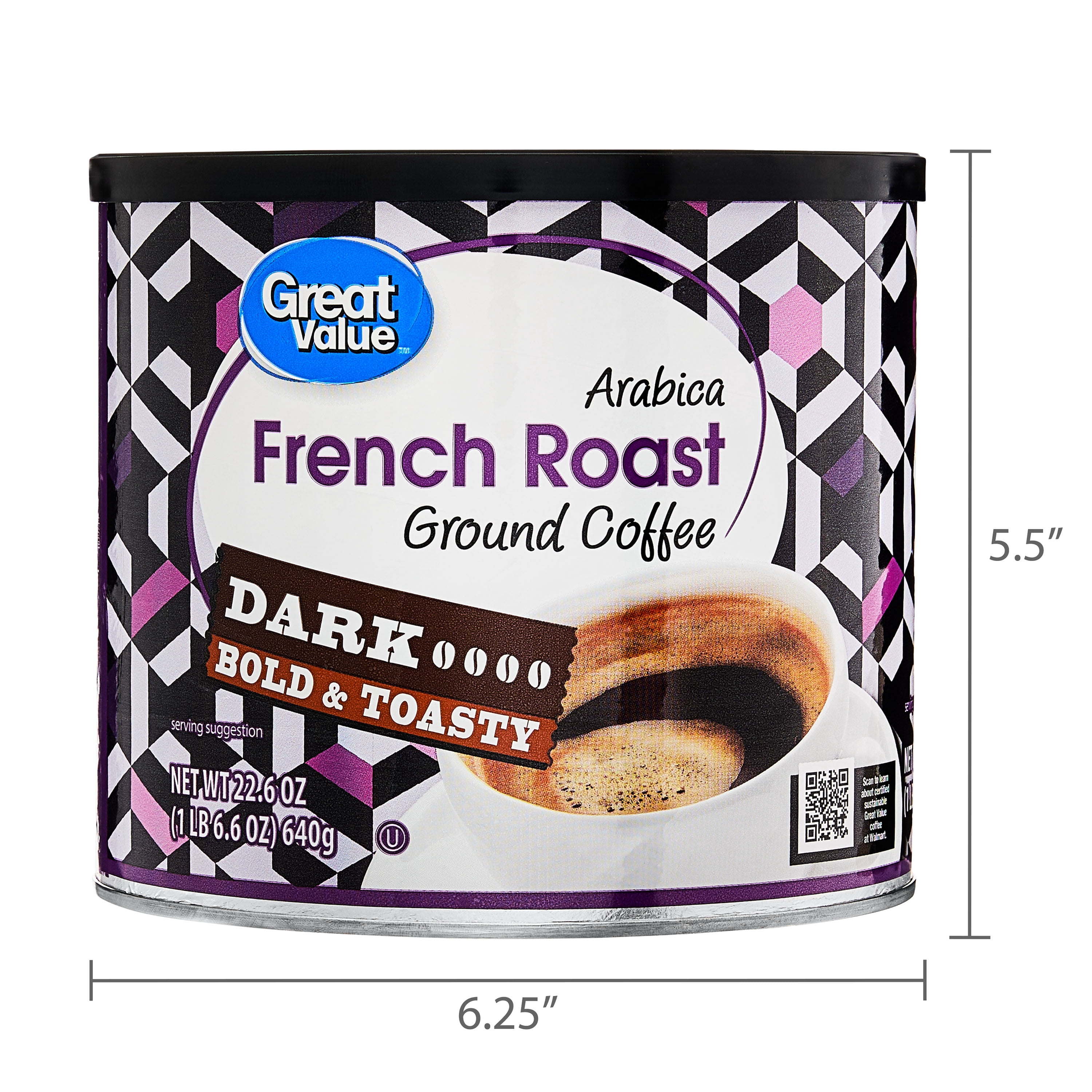 Great Value French Roast, 100% Arabica Dark Ground Naturally Caffeinated Coffee, 22.6 oz