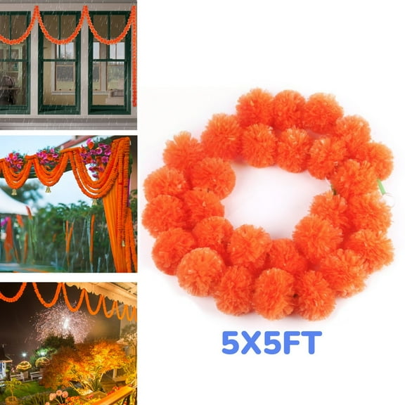 5-Pack Marigold Garland, 5x5ft Waterproof Temple Toran for Diwali Decor & Wedding Stage, Fall Decor