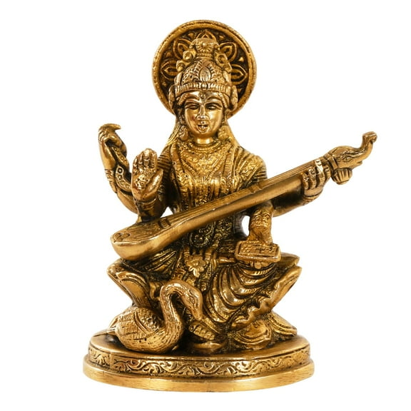 Brass World Astadhatu Made Maa Saraswati Idol Sitting on Hans, Brass Devi Saraswati Siddhi Idol for Puja Sucess and Home Decor 5 Inch