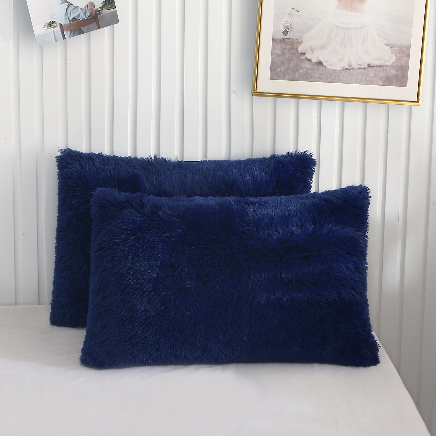 XeGe Soft Fluffy Pillow Cases Shaggy Plush Pillow Shams Faux Fur Pillow Covers Furry Decorative Pillowcase Velvet Pillow Protector Bed Sofa Couch Zipper Closure Set of 2 King Size Navy Blue