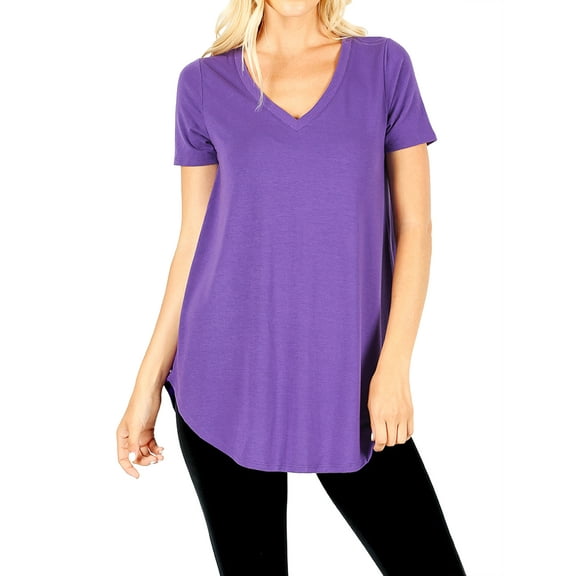 Zenana Women & Plus Short Sleeve V Neck Relaxed Fit Casual Round Hem Tee Shirt Top