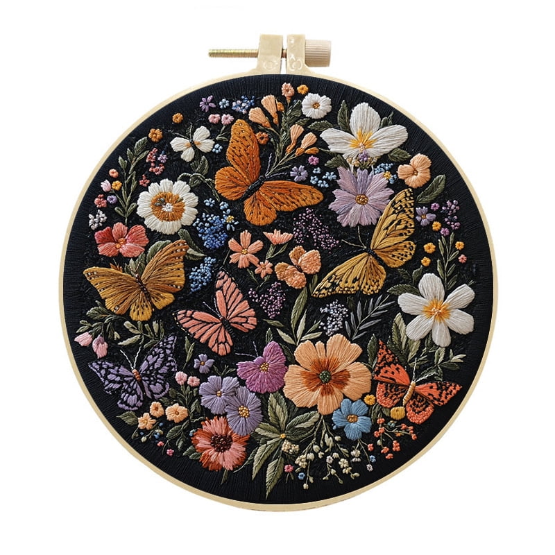 NEONWE 4 Set Embroidery Kit for Adult Beginner, Colorful Butterfly Vintage Flowers Rustic Stamped Patterns Kits Nature Funny Arts & Crafts Set, with Hoop, Colored Threads, Needles, and Instructions
