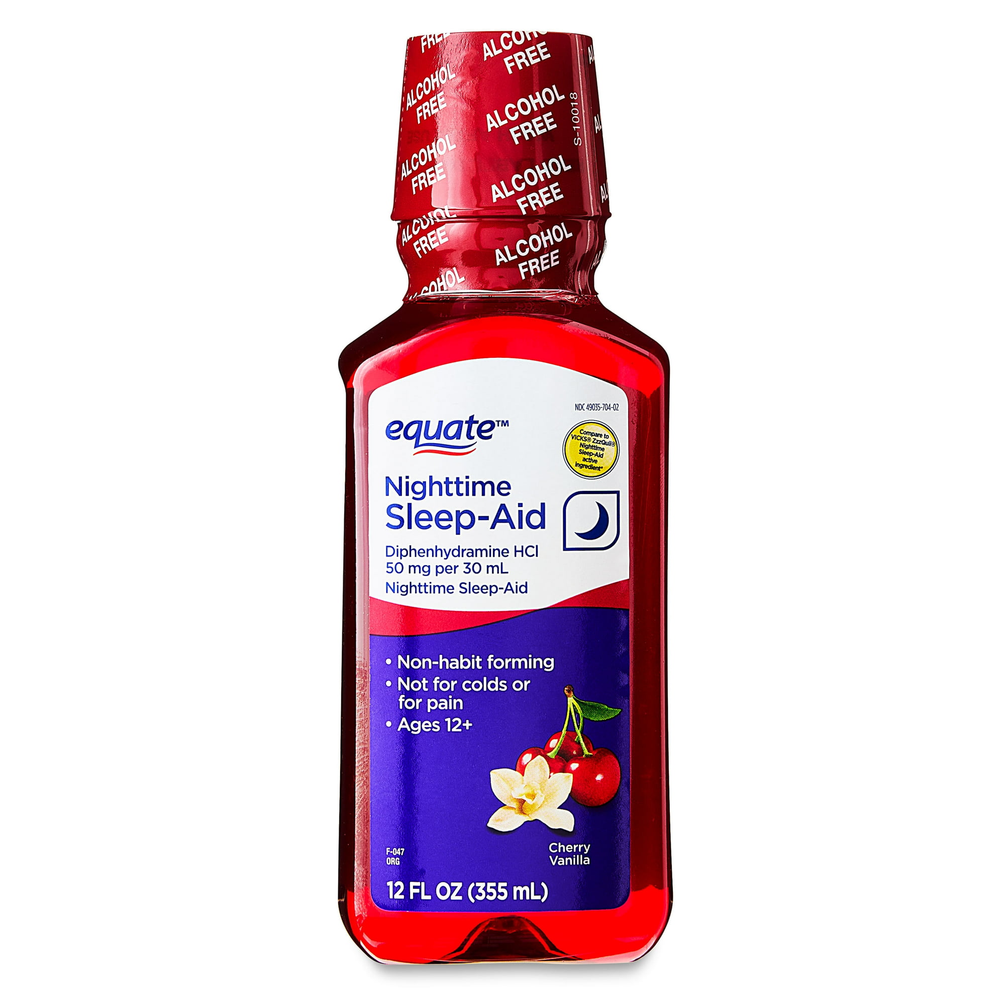 Equate Alcohol-FreeNighttime Sleep Aid Diphenhydramine 50 mg Liquid, Cherry Vanilla Flavor, 12 fl oz, Compare to VICKS® ZzzQuil ®Nighttime Sleep-Aid Active Ingredient