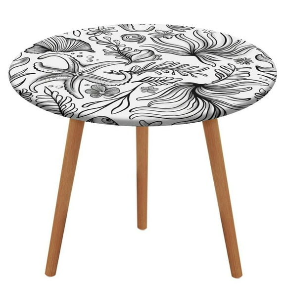 Beach Seashell Starfish Round Fitted Tablecloth with Flannel Backing Elastic Table Cloth Waterproof Oil-Proof Plastic Table Cover Table Up 40"-54" Diameter)