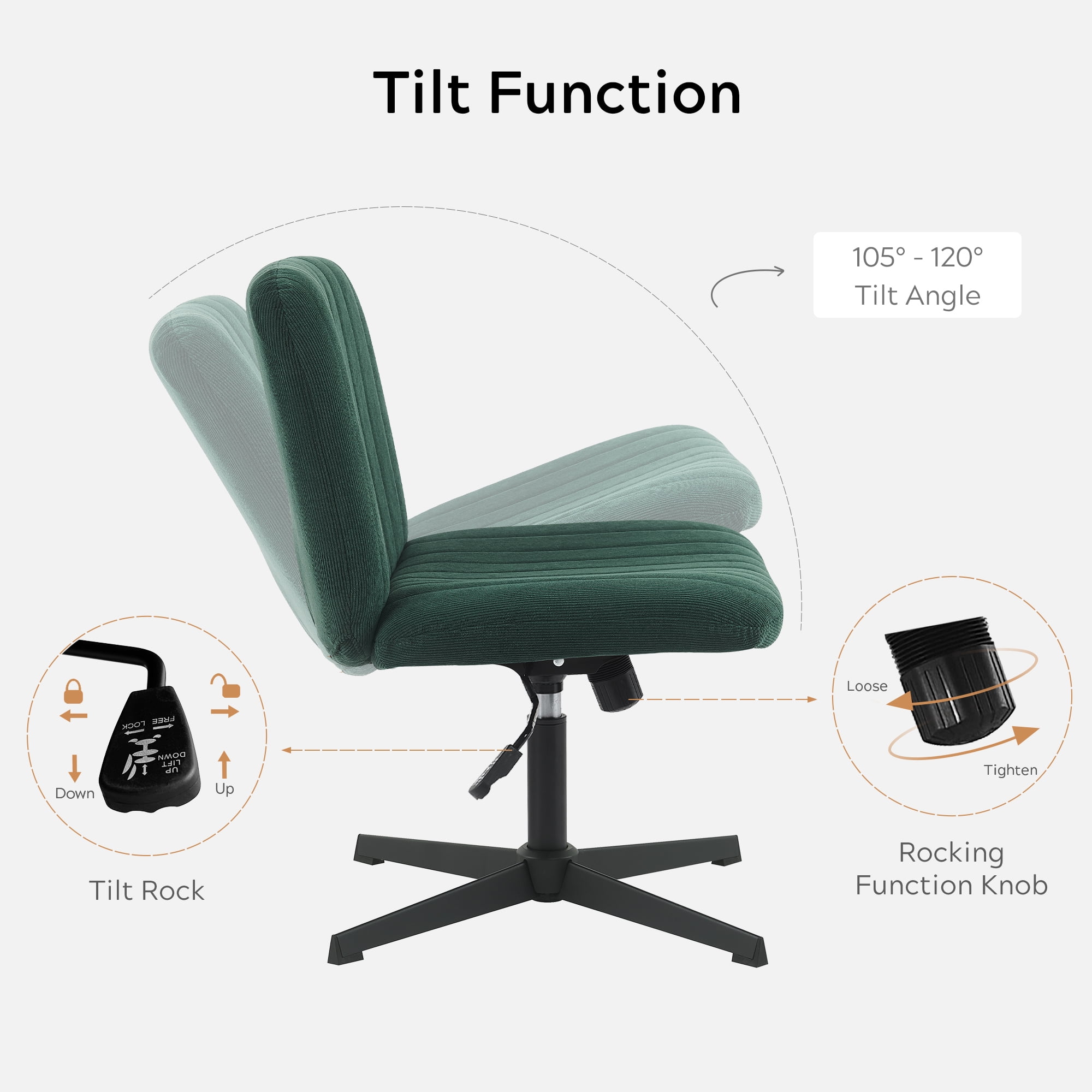 EYYTHUNG Armless Velvet Mid-Back Office Chair, Adjustable Seat and Cushion, Dark Green (Set of 1)