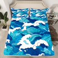 thumbnail image 2 of Ocean Wave Bed Sheets Set Queen Japanese Hokusai Sheet Set For Young Vintage Abstract Sea Waves Sheets Cartoon Nautical Blue Deep Pocket Flat Fitted Sheet, 2 of 6