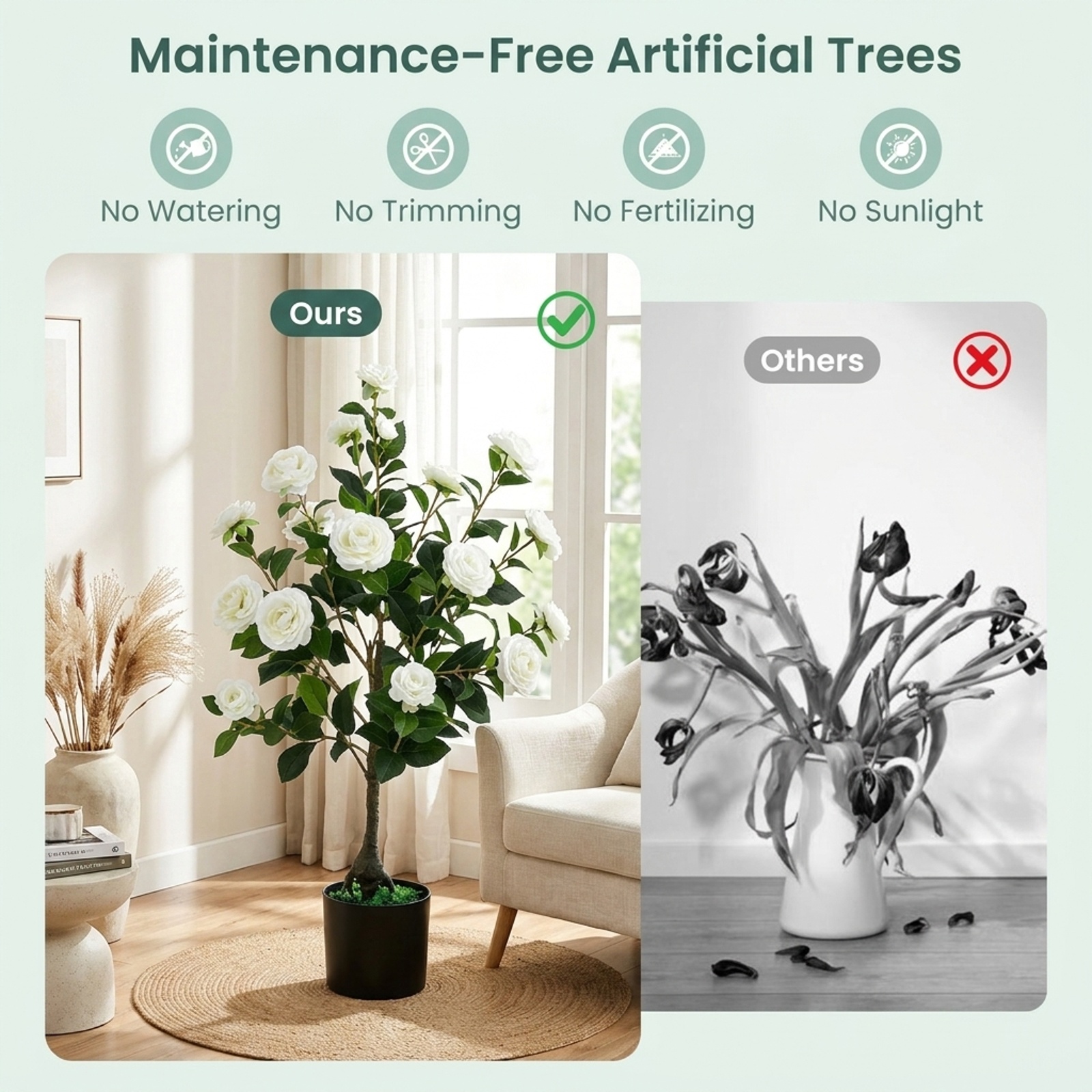 Vebreda Artificial Plant Decor, Artificial Camellia Tree Faux Flower Plant in Cement-Filled Pot, Lifelike & Elegant Design, Selected PE Materials