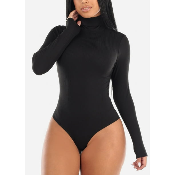 black fitted turtleneck bodysuit