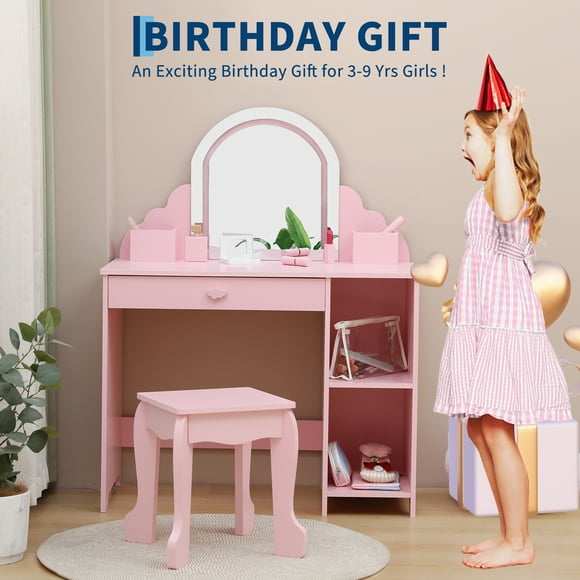Yeshouse Espejo iluminado y estantes abiertos Tocador infantil - Mesa de maquillaje de princesa con taburete, cajón y juguetes de imitación