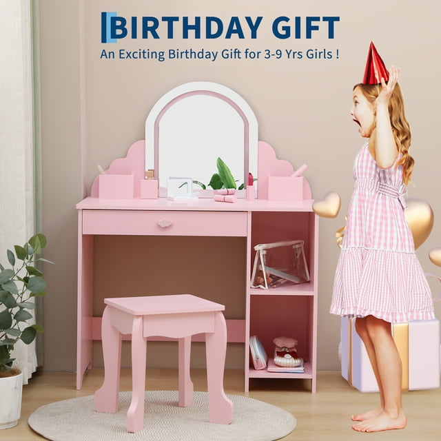 EDTara Kids Vanity Desk with Lighted Mirror & Open Shelves, Princess Makeup Table with Stool, Drawer & Pretend Beauty Toys