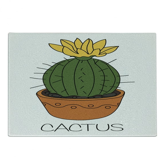 Cactus Cutting Board, Plant with Yellow Flower in a Pot Blooming Tropical Foliage Cartoon, Decorative Tempered Glass Cutting and Serving Board, Small Size, Orange Green Yellow, by Ambesonne