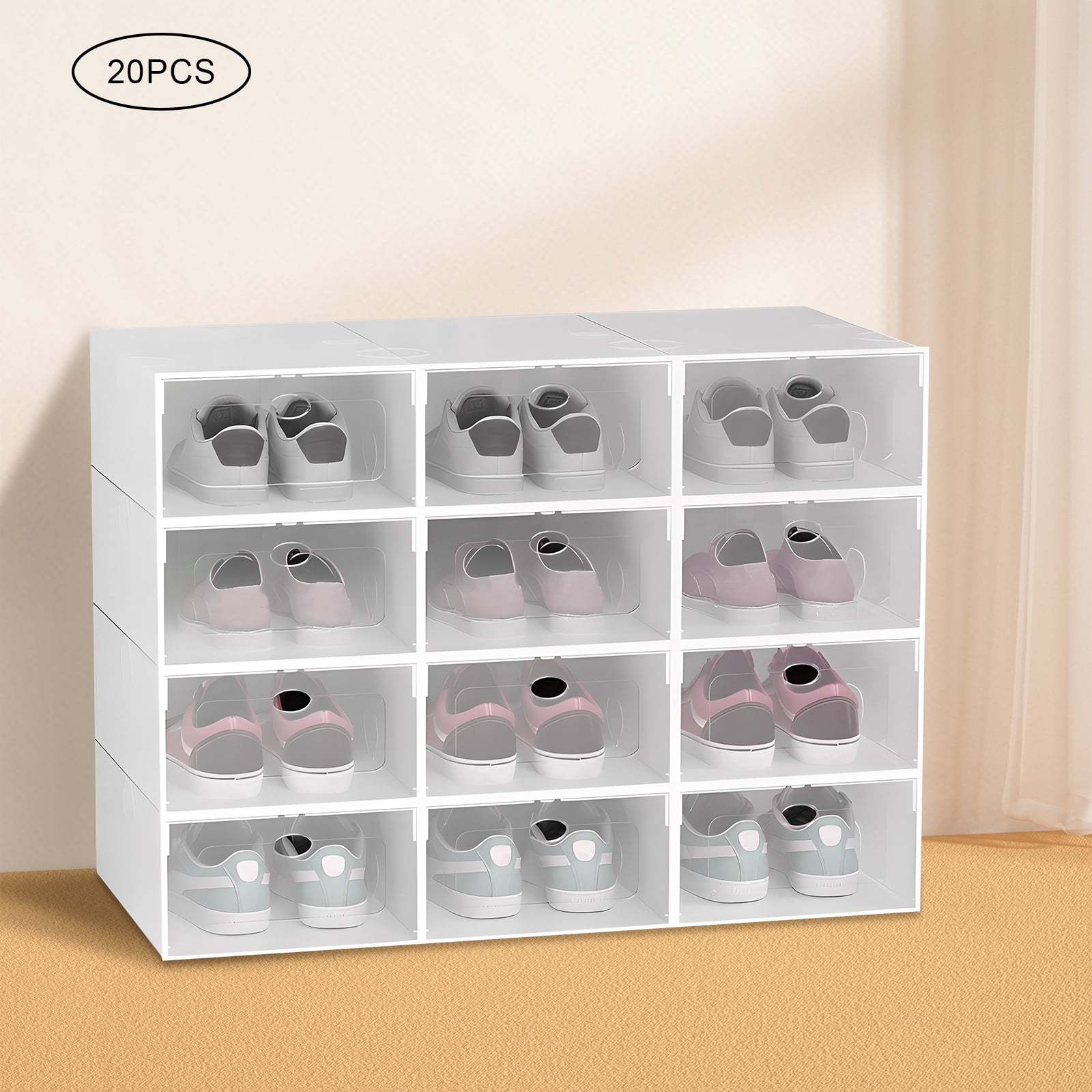 20 Pairs Modular Shoe Rack, Plastic Shoe Storage Boxes with Clear Flip Doors Stackable Shoe Orgarnizer for Closet White