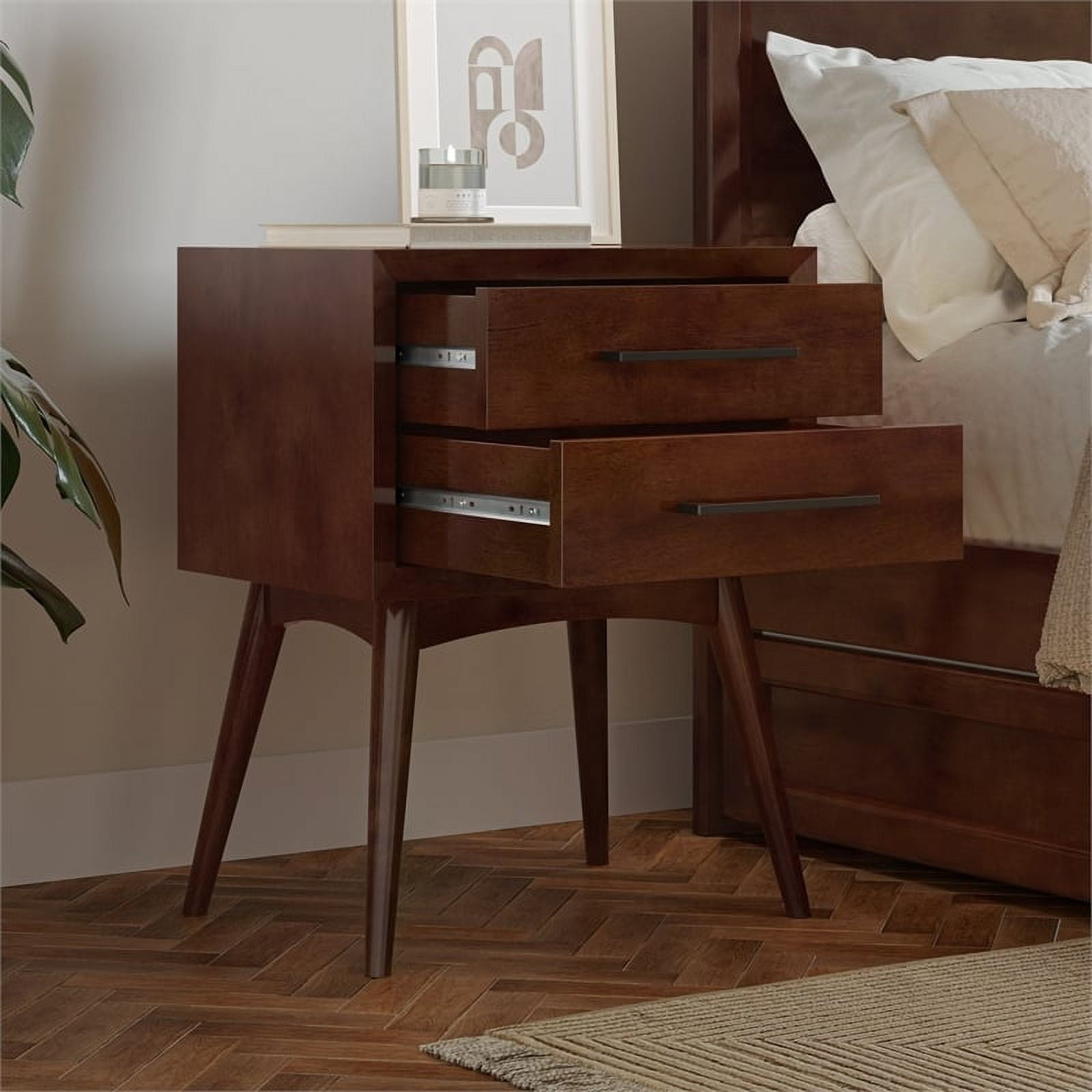 AFI Pasadena Solid Wood Mid-Century Modern Nightstand with 2 Drawers, Walnut