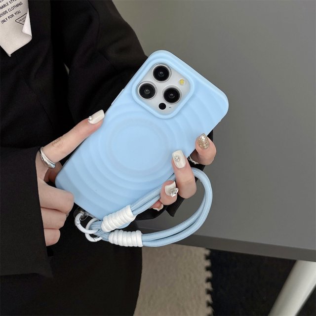 3D Wave Color Clash For Magsafe Phone Case For iPhone 15 14 13 12 11 16 Pro Max Plus Wireless Charging Wrist Strap Phone Cover Blue For iPhone 12Pro