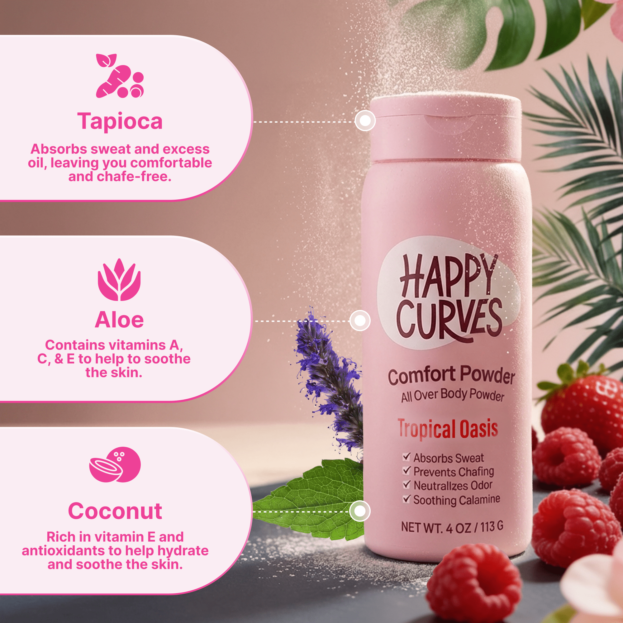 (3 pack) Happy Curves Comfort Powder, Talc & Aluminum Free Deodorant for Women, Tropical Oasis, 4 oz