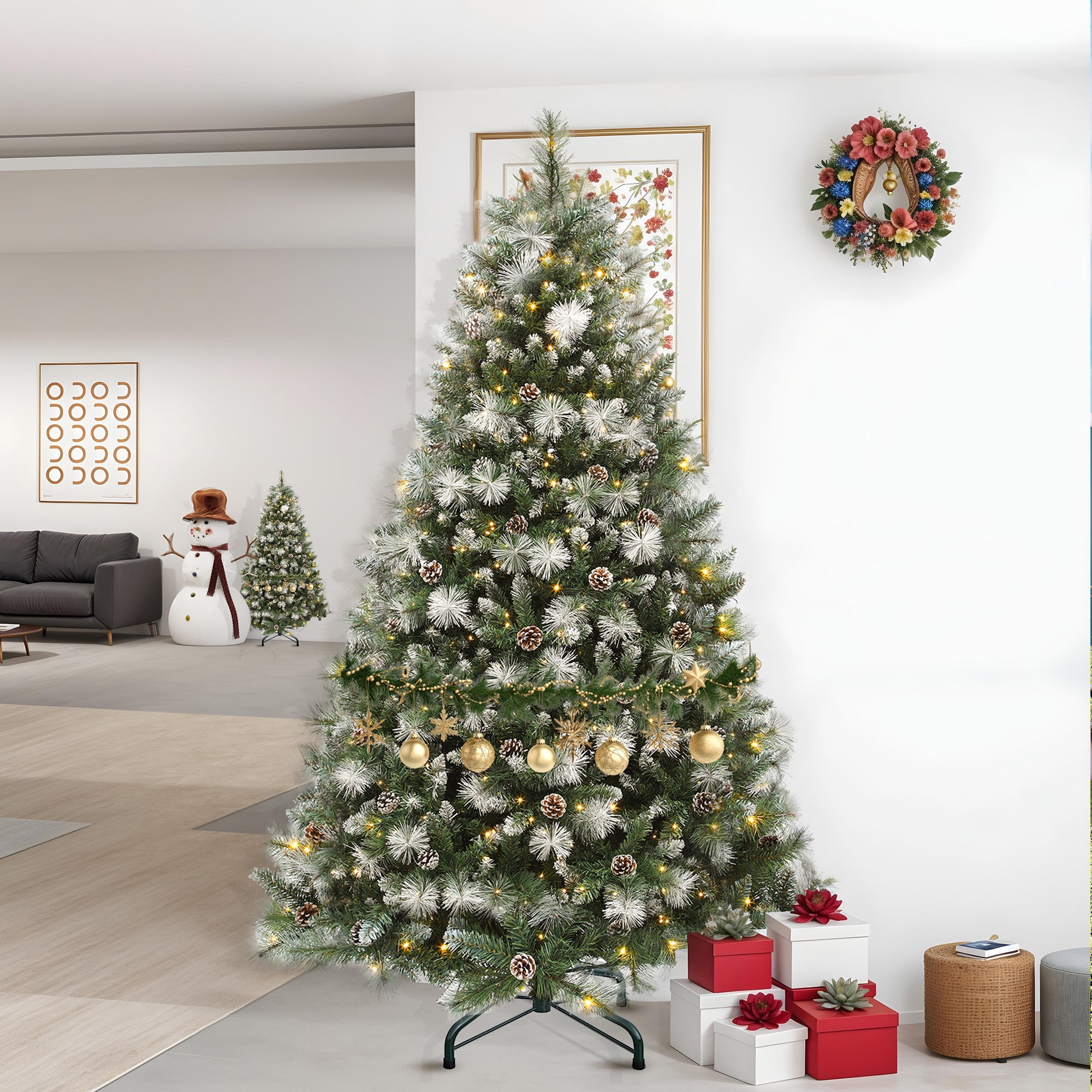 Best Choice Products Pre-lit Pencil Christmas Tree, Pre-decorated, Frosted W/ Flocked Tips, Lights, Base | Simon