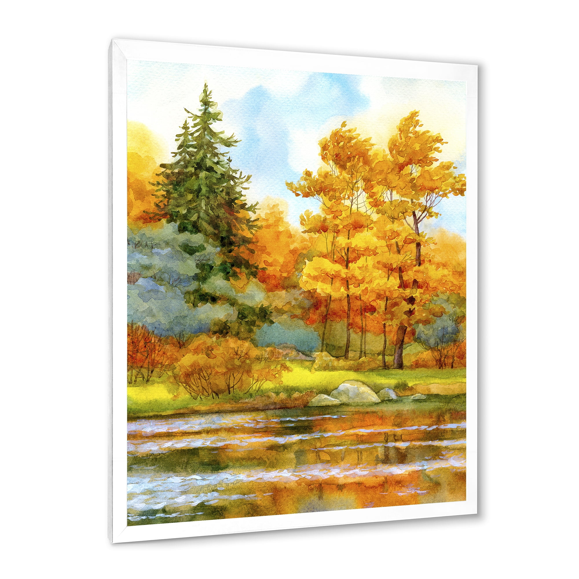 Designart 'Autumn Forest By The Lake Side I' Lake House Framed Art Print
