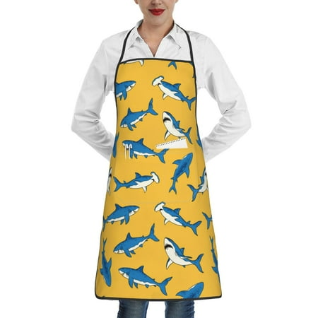 

Qekee Shark Print Print Adjustable Bib Apron Resistant with Pocket Cooking Kitchen Aprons for Women Men Server Chef Apron