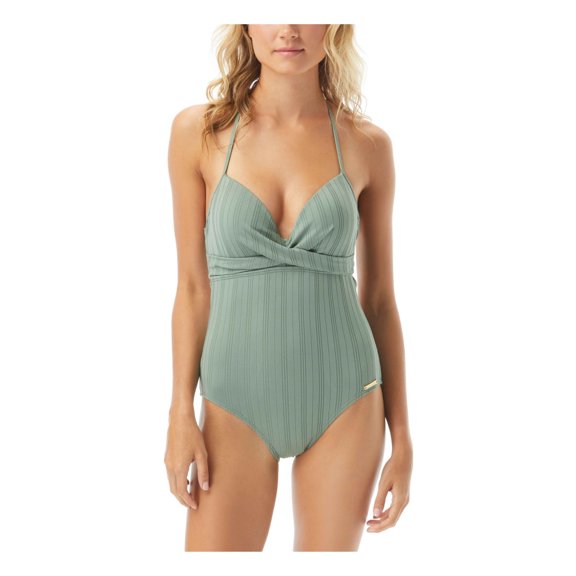 VINCE CAMUTO SWIM Women's Green Stretch Wrap Detail Shirred Back Moderate Coverage Deep V Neck Halter One Piece Swimsuit 6