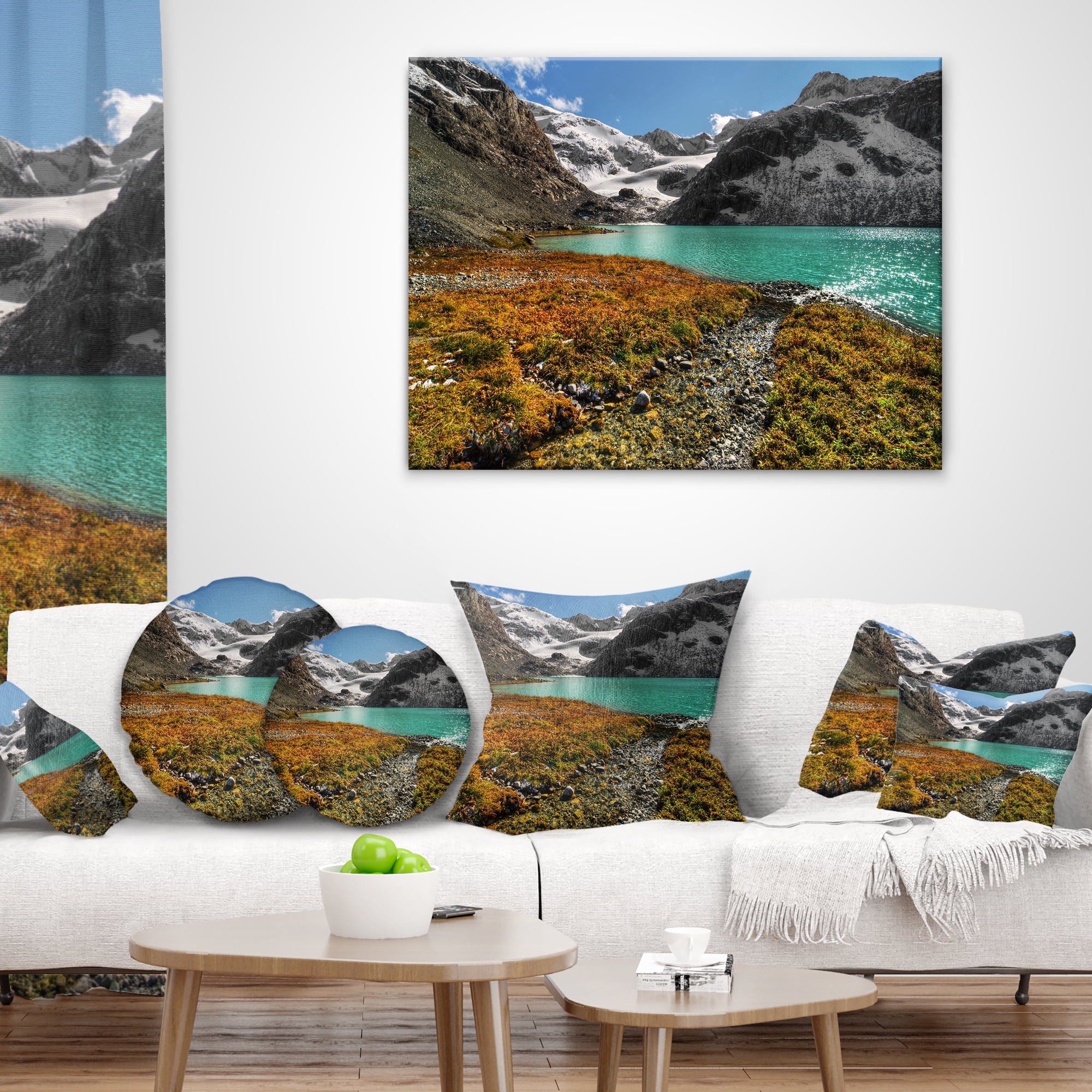Designart Crystal Clear Lake among Mountains - Landscape Printed Throw Pillow - 12x20