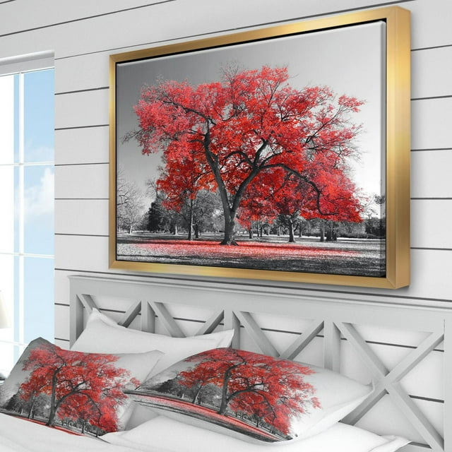 Designart Grand arbre rouge le jour brumeux ART MURAL À CADRE FLOTTÉ