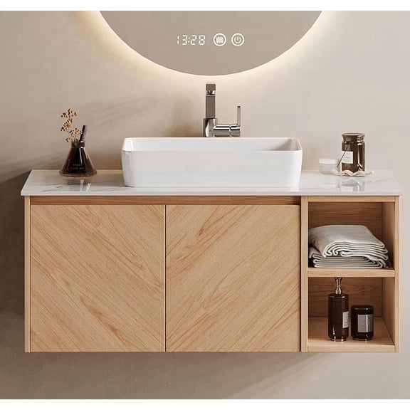36" Wall Mounted Bathroom Vanity with Sink, Floating Bathroom Sink Cabinet with White Sintered Stone Top, Modern Bathroom Vanity with Cabinet and Open Shelf, Ceramic Basin, Light Wood