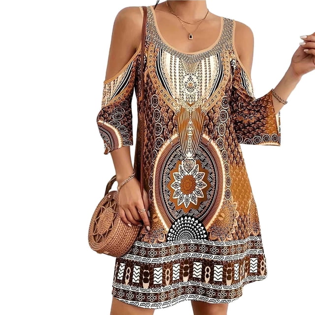 Vestido Alto Bajo para las Mujeres de Hombro Frío Cuello Redondo Impresión Bohemia Media Manga Mini Patinador Ropa de Playa de Verano Casual