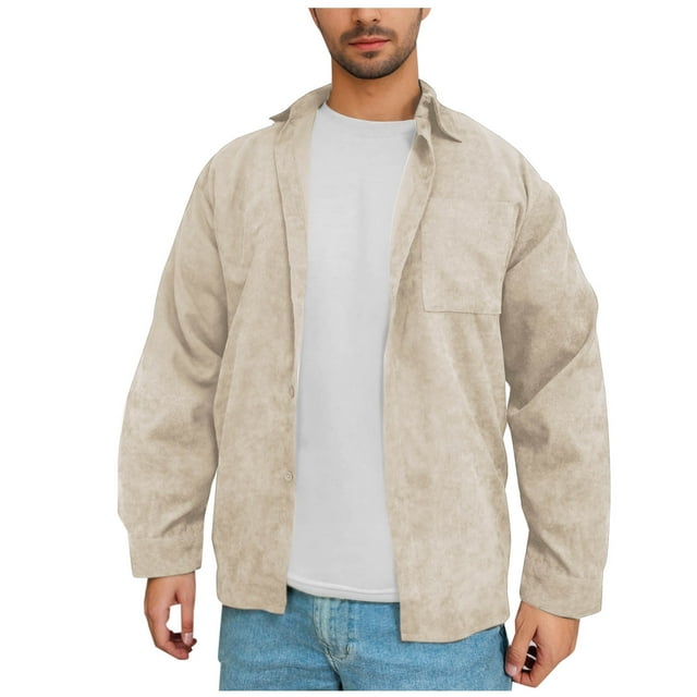 LNWUY Corduroy Shirts for Men Spring Autumn Long Sleeve Button Down Casual Ribbed Shacket Slim Fit Lightweight Jacket Beige M