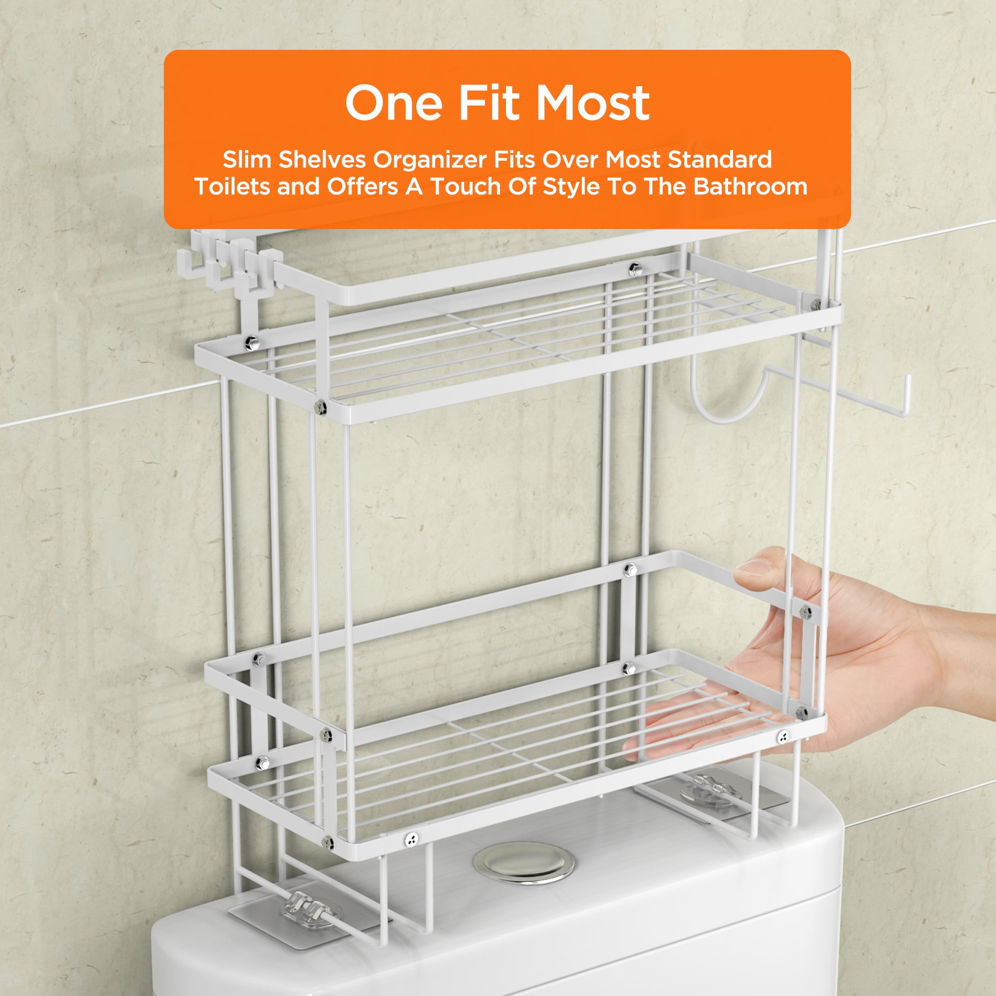 Godboat Bathroom Organizer, 2-Tier Over The Toilet Storage, Bathroom  Storage with 2 Hooks, Bathroom Accessories for Space Saver, No Drilling  Design