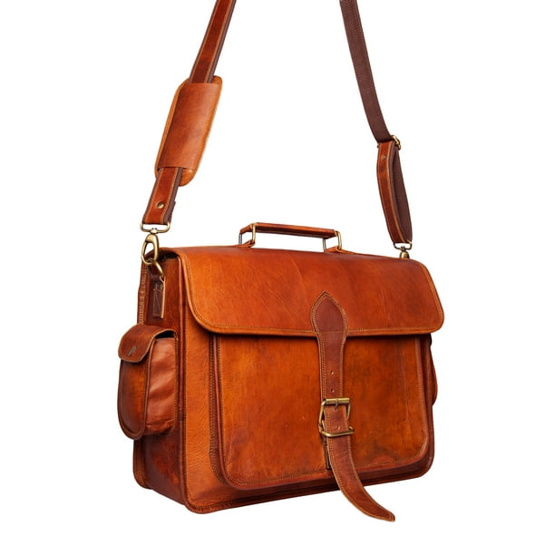 Handmade 18 inch Brown Leather Laptop Crossbody Bag with Large Pocket