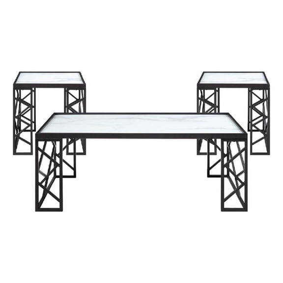 Anya 3pc Coffee and End Table Set- White Marble Print Glass Top- Black