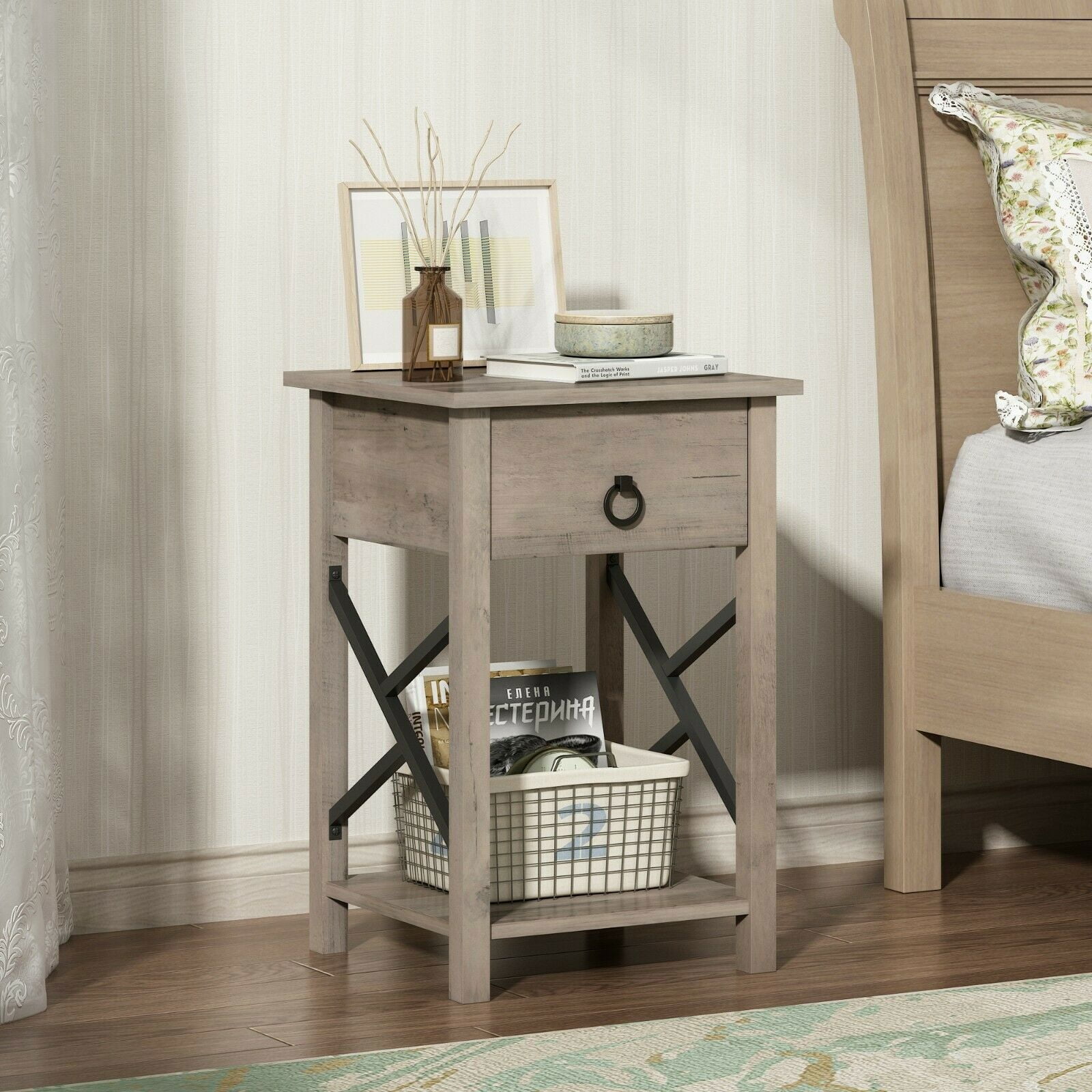 Private Jungle Single Farmhouse Nightstand Wood End Table Bed Sofa Side Table w/Drawer Bedroom Decor,Rustic Gray + Black