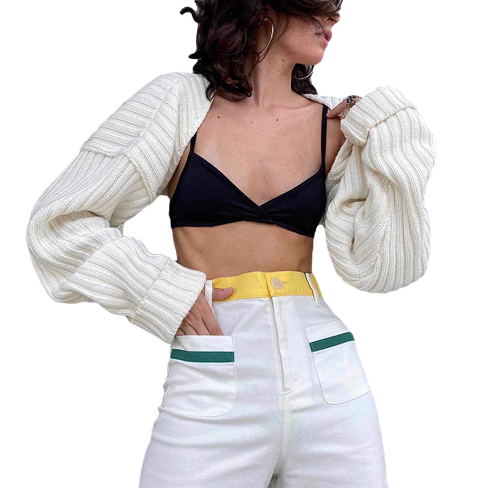 Aunavey Women Long Puff Sleeve Knitted Cardigan Cutout Crop Top Long Sleeve Sweater  Shrugs - Walmart.com