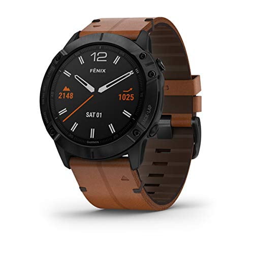 Garmin fenix 6X Sapphire - Black DLC - sport watch with band - leather - chestnut - display 1.4
