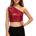 thumbnail image 2 of QHFBli Kids Square Sequin One-Shoulder Crop Tops, Shiny Grid Glitter Vests, Stage & Dance Performance Outfits for Girls Red 7-10 Years, 2 of 4