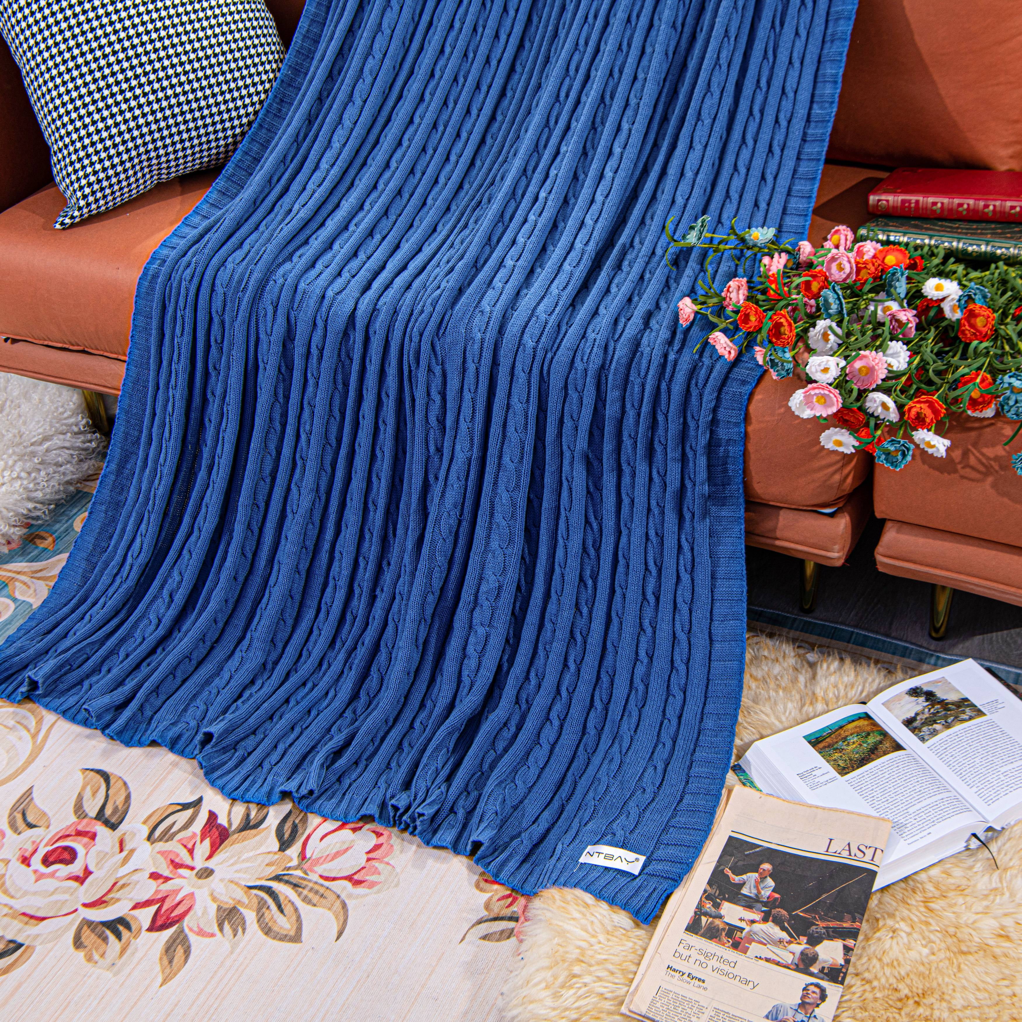Ntbay 100% Cotton Cable Knit Throw, Super Soft Warm Knitted Blanket Home Decor, 51"x67", Cobalt Blue