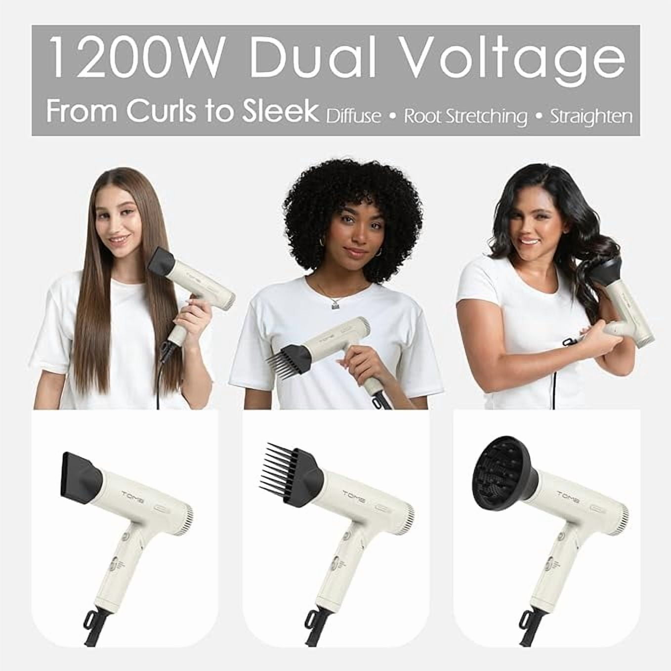 TOME Dual Voltage 1200W Hair Dryer with Diffuser,Foldable Travel Blow Dryer 3 Speed Setting with Comb Nozzle Power Adapter