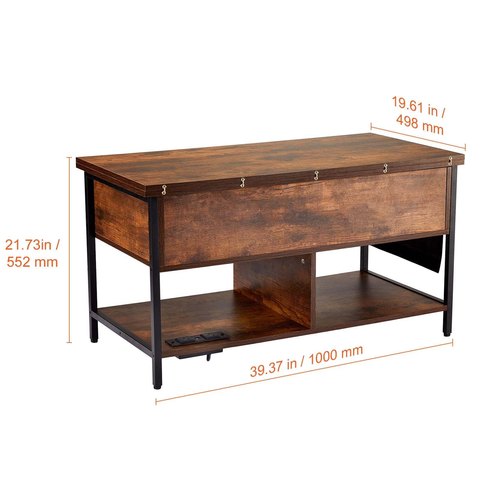 KFFKFF Coffee Table with Lift Top, 39.4 in Rectangular Design, Includes Additional Storage Compartments, Features Flip Top, Power Outlets, USB Ports & Soft Glow Lights, Ideal for Living Spaces