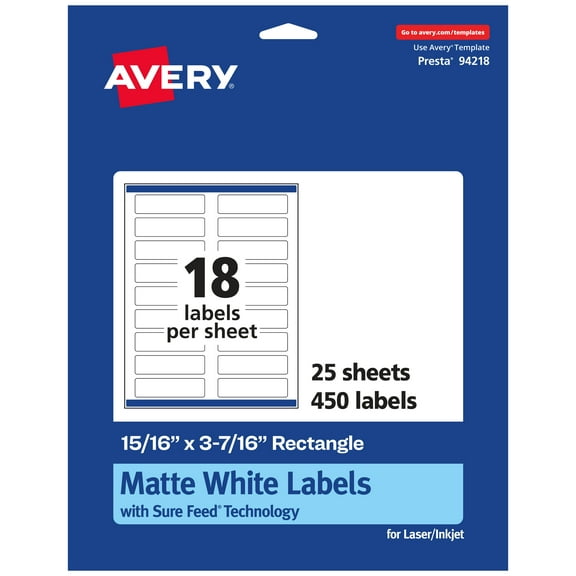 Avery Matte White Rectangle Labels, 15/16" x 3-7/16", 450 Labels