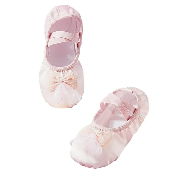 Xfvqtps Ballet Shoes for Girls Soft Sole Non Slip Cross Elastic Straps Lace Bow Pearl Satin Dance Shoes for Gymnastics Performance Pink