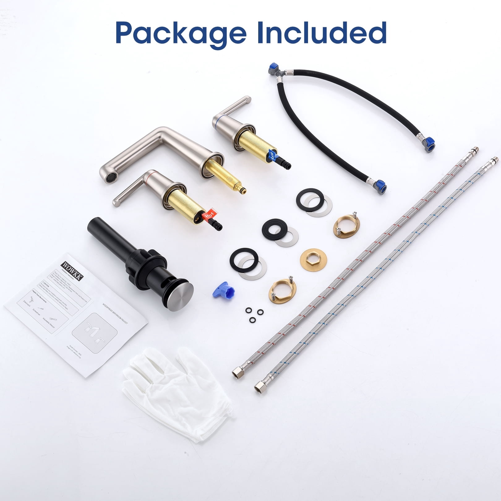 Wowkk 3 Hole Bathroom Faucet 2 Handle Widespread Bathroom Sink Faucet with Pop up Drain and Supply Lines, Brass Vanity Faucet for Rv Farmhouse Lavatory Restroom Sink, Brushed Nickel