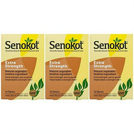 Senokot Extra Strength Natural Vegetable Ingredient Laxative 12 Tablets - 3 Pack