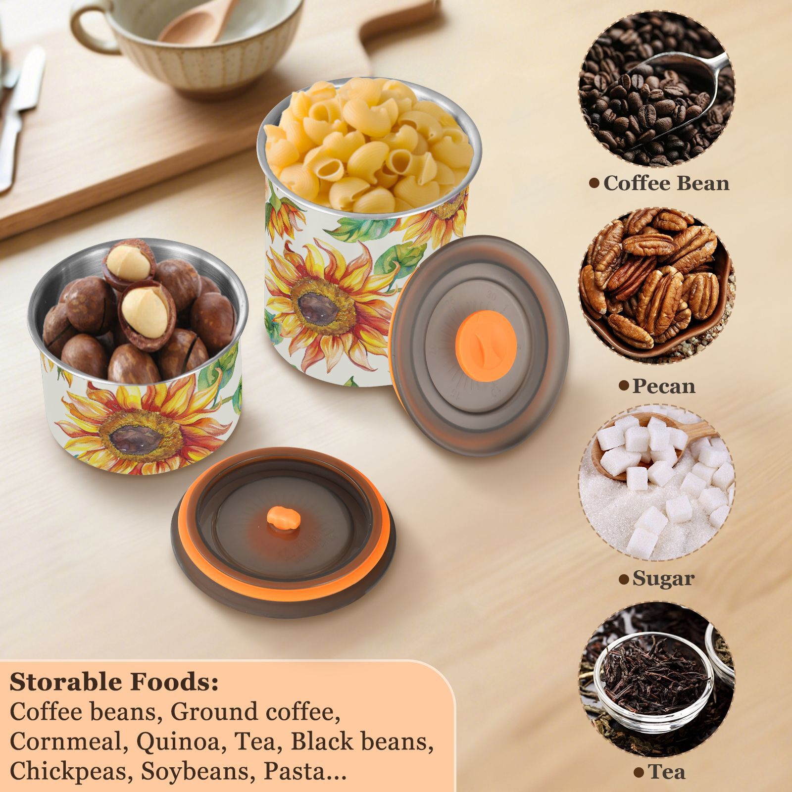 Yellow Sunflower Watercolor Airtight Coffee Bean Canister 30oz Food Storage Containers with Lids For Gournd, Tea, Sugar, Flour, Rice, Cereal, Candy Cookie Jar