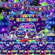 Video Game Birthday Decorations, 258Pcs Gaming Party Decorations Gamer Birthday Plates and Napkins, Cups, Tablecloth, Banner, Balloons, Cake Toppers Game Party Decorations for Boys Serve 24