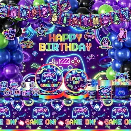 Video Game Birthday Decorations, 258Pcs Gaming Party Decorations Gamer Birthday Plates and Napkins, Cups, Tablecloth, Banner, Balloons, Cake Toppers Game Party Decorations for Boys Serve 24