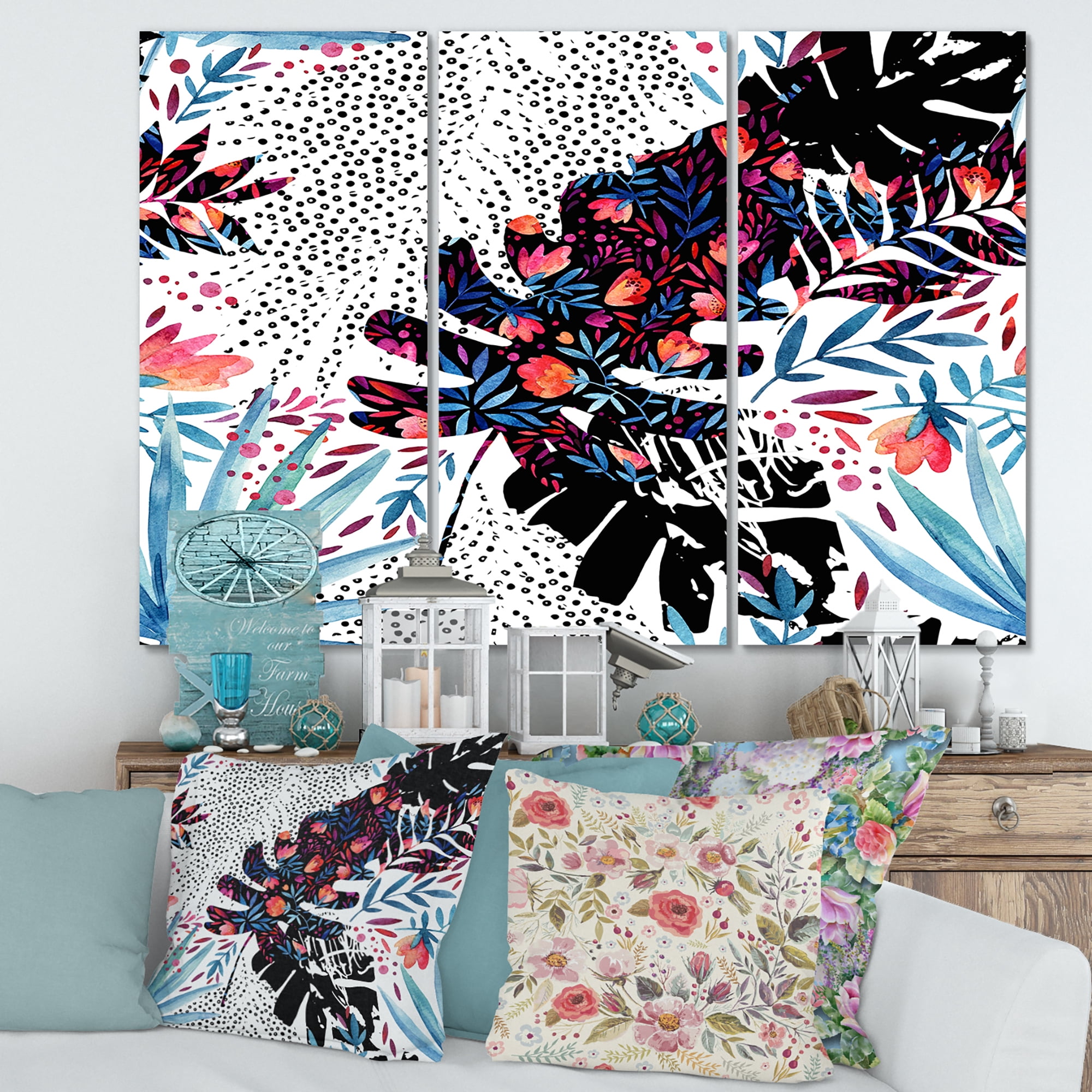 Designart ' Abstract Tropical Floral Patchwork I ' Tropical Canvas Wall Art Print