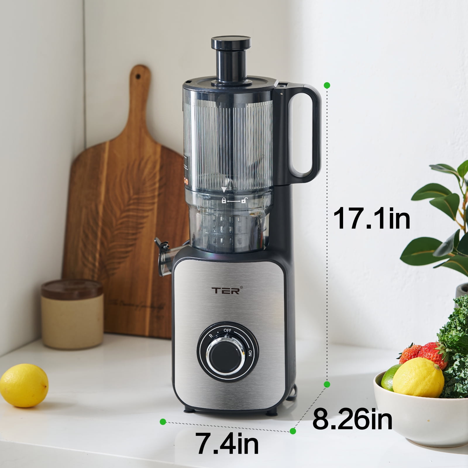 Juicer Machines, TER Cold Press Juicer With 5'' Wide Chute, Stainless Steel Slow Masticating For Vegetables & Fruits, High Juice Yield, Easy To Clean, Includes 2 Cups, Silver