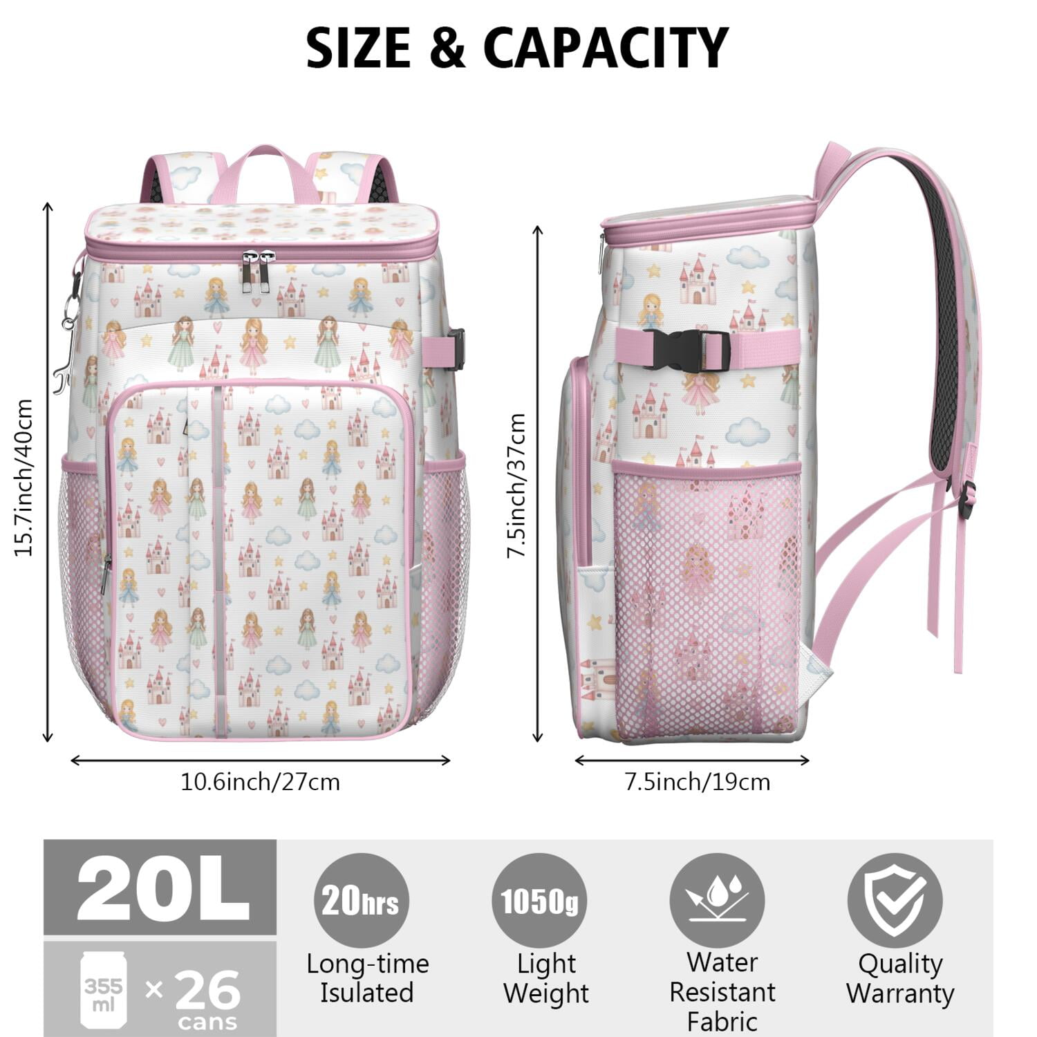 Travel Cooler Bag - White Princess Castle Pattern Camping Beer Cooler Backpack with Bottle Opener- Waterproof Insulated Picnic Backpacks - Cooler Bag for Beach