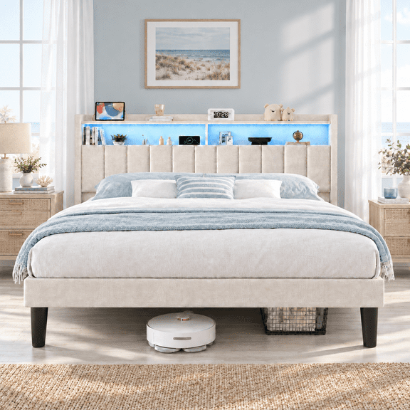 Asofer Queen Upholstered Platform Bed Frame with LED Headboard, Charging Station, No Box Spring Needed, Beige