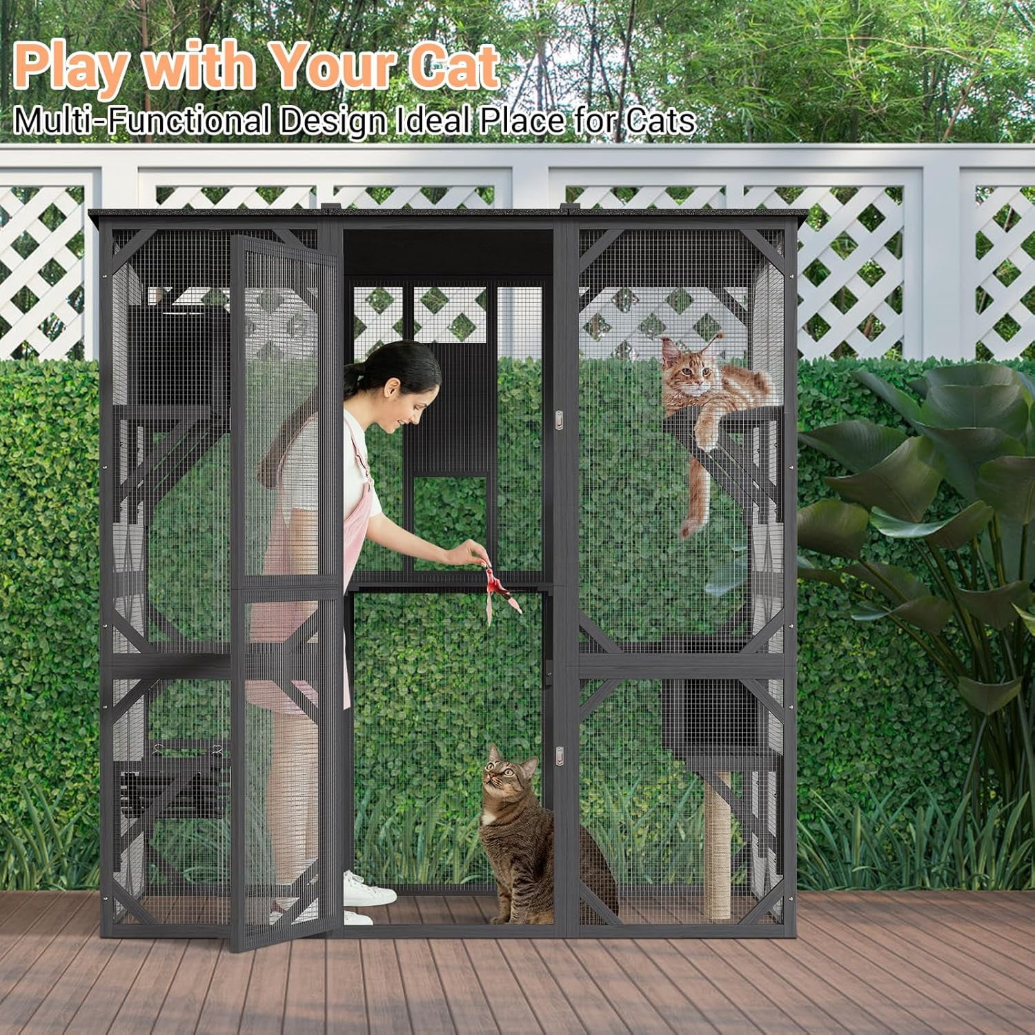 LIZHOUMIL 70" Catio Enclosure, Wooden Outdoor Cat House w/Asphalt Roof, Multi-Level